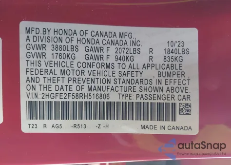 2024 Honda Civic Sport из США, поврежденный, VIN 2HGFE2F58RH516806